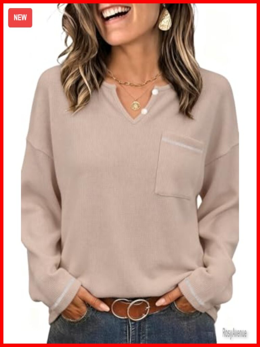 Fashionme Waffle Knit Long Sleeve V-Neck Tunic Top Relaxed Fit